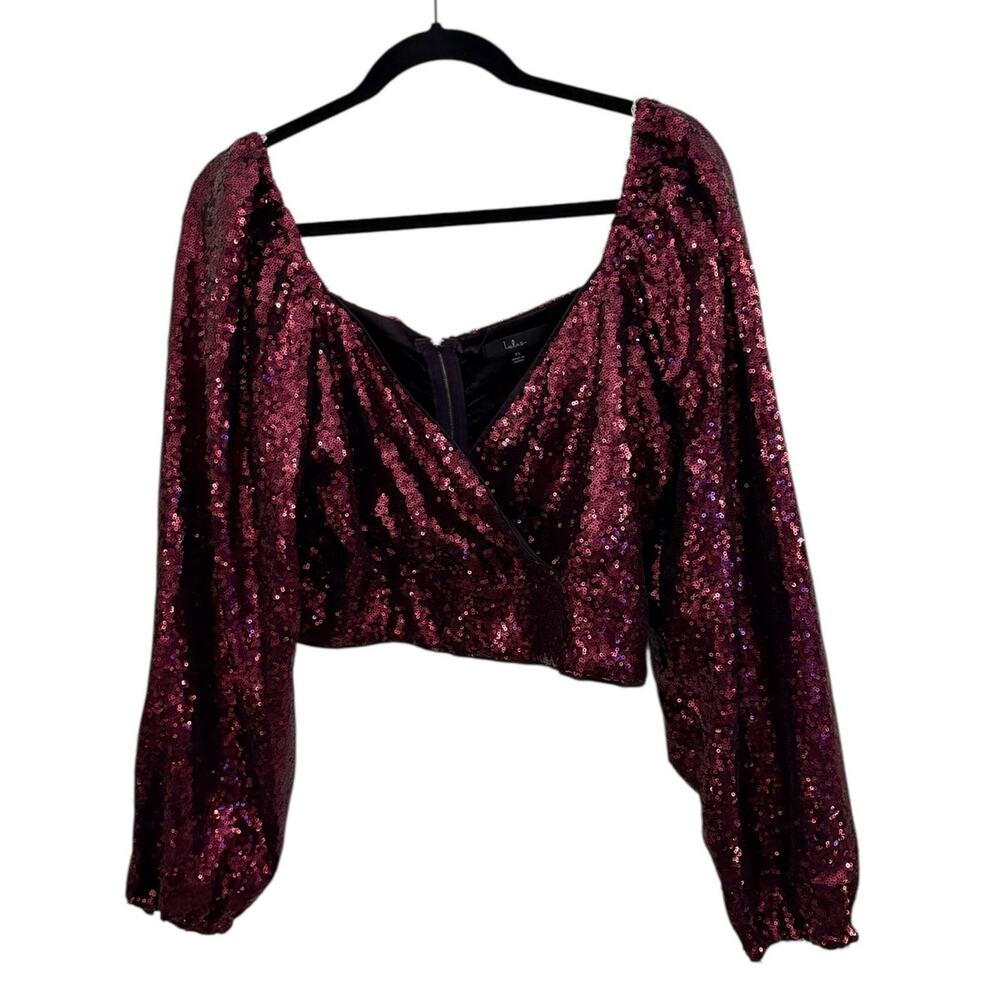 LuLus Sequin of Events  Cropped Blouse XL Top Wrap Look Deep V-neck Holidays
